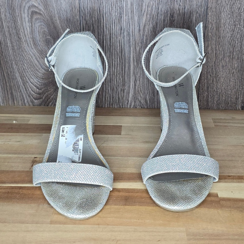 Worthington Beckwith Block Heel Sandal Size 10 Silver Womens Sparkle Dress Shoe